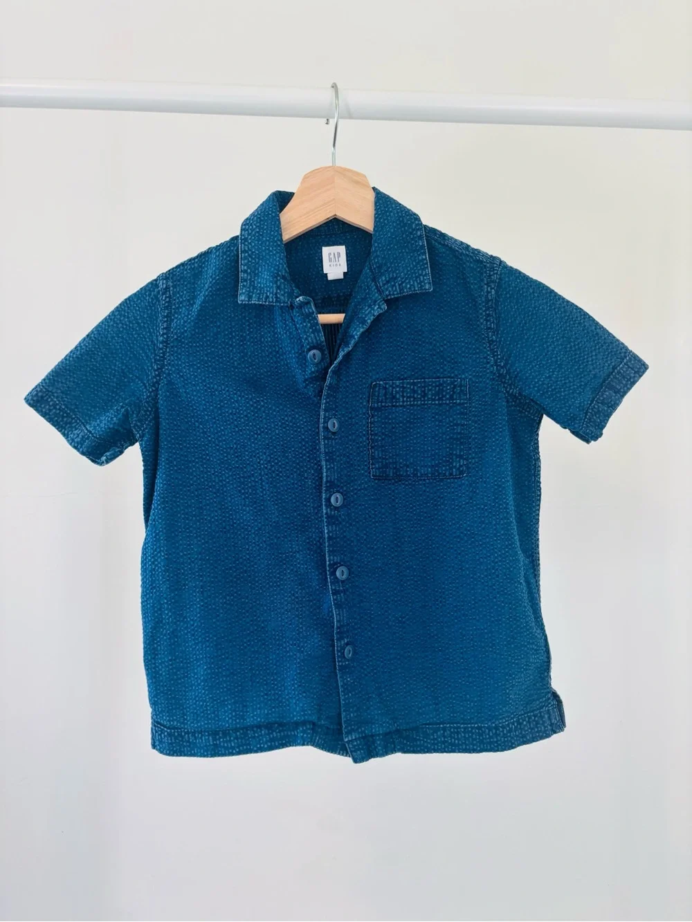 GAP Kids Indigo Textured Short-Sleeve Button-Down Shirt | 100% Cotton